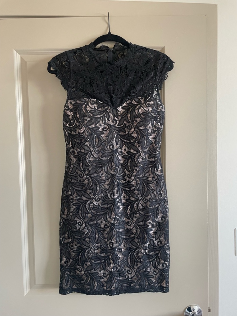My Michelle Black Lace Overlay Midi Dress with Nude Lining